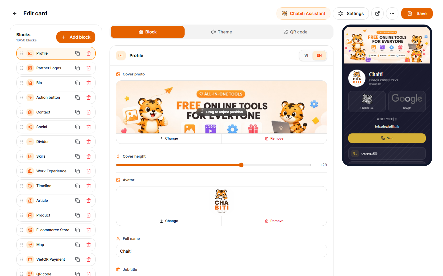The card builder: block list on the left, editor in the middle, live preview on the right
