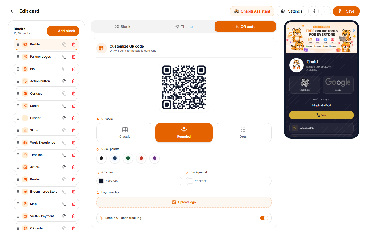 The QR tab in the card builder: colors, styles, logo embedding